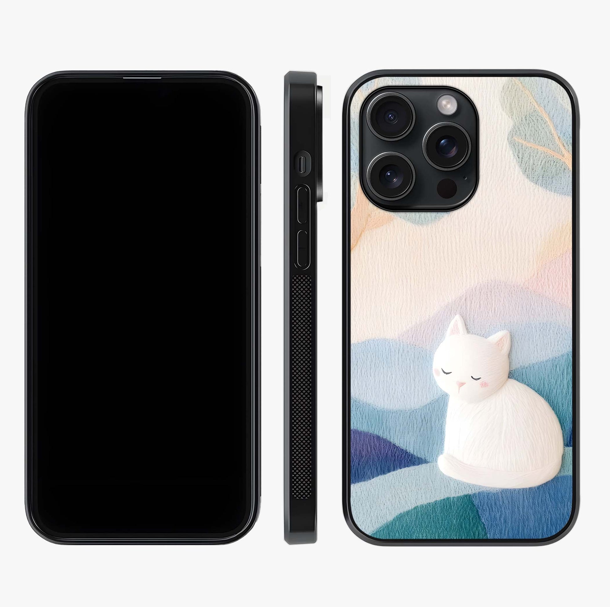 Cotton Dream Cat Glass Case displayed upright for full design visibility and premium finish.