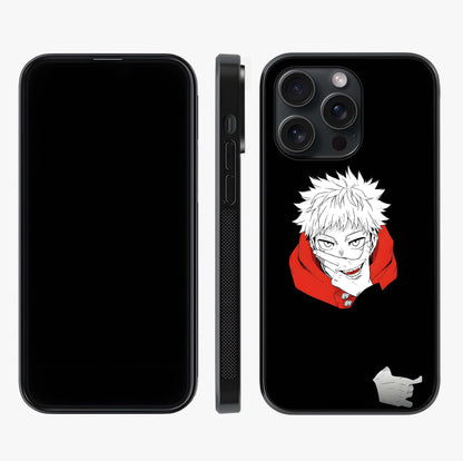 Crimson Chaos Smile Glass Case displayed upright for full design visibility and premium finish.