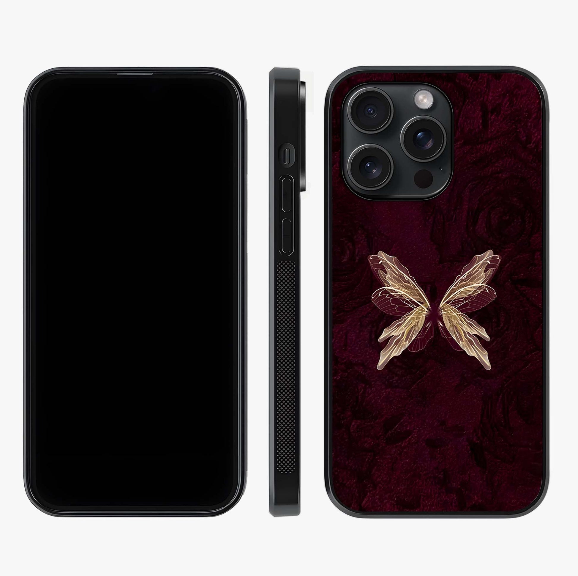 Crimson Fade Butterfly Glass Case displayed upright for full design visibility and premium finish.