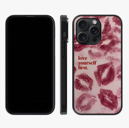 Crimson Kiss Love Glass Case displayed upright for full design visibility and premium finish.