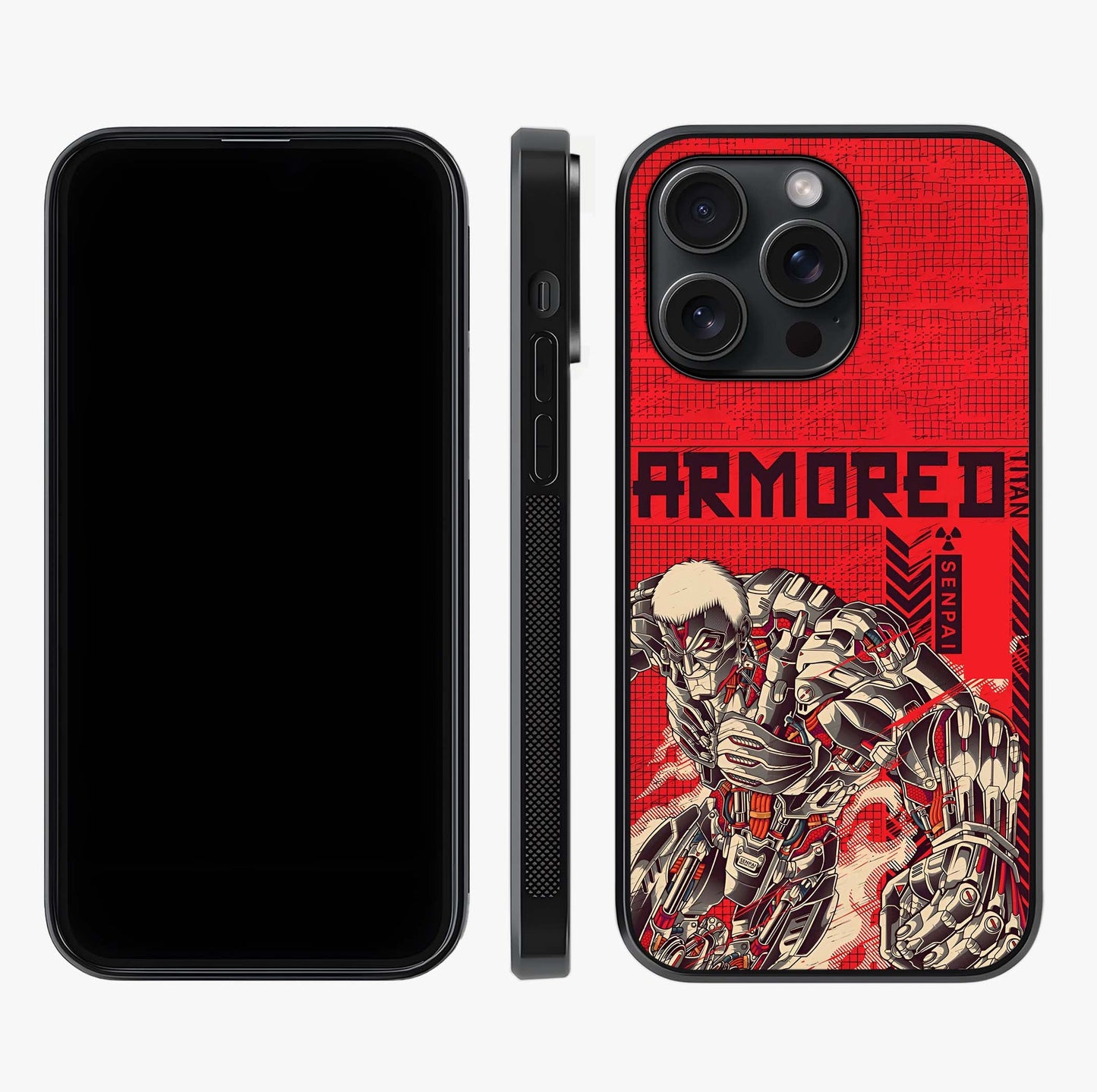 Crimson Mecha Titan Glass Case displayed upright for full design visibility and premium finish.
