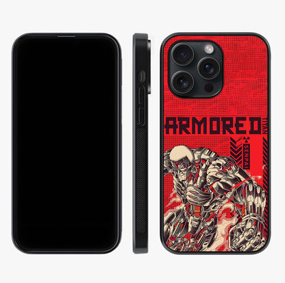 Crimson Mecha Titan Glass Case displayed upright for full design visibility and premium finish.