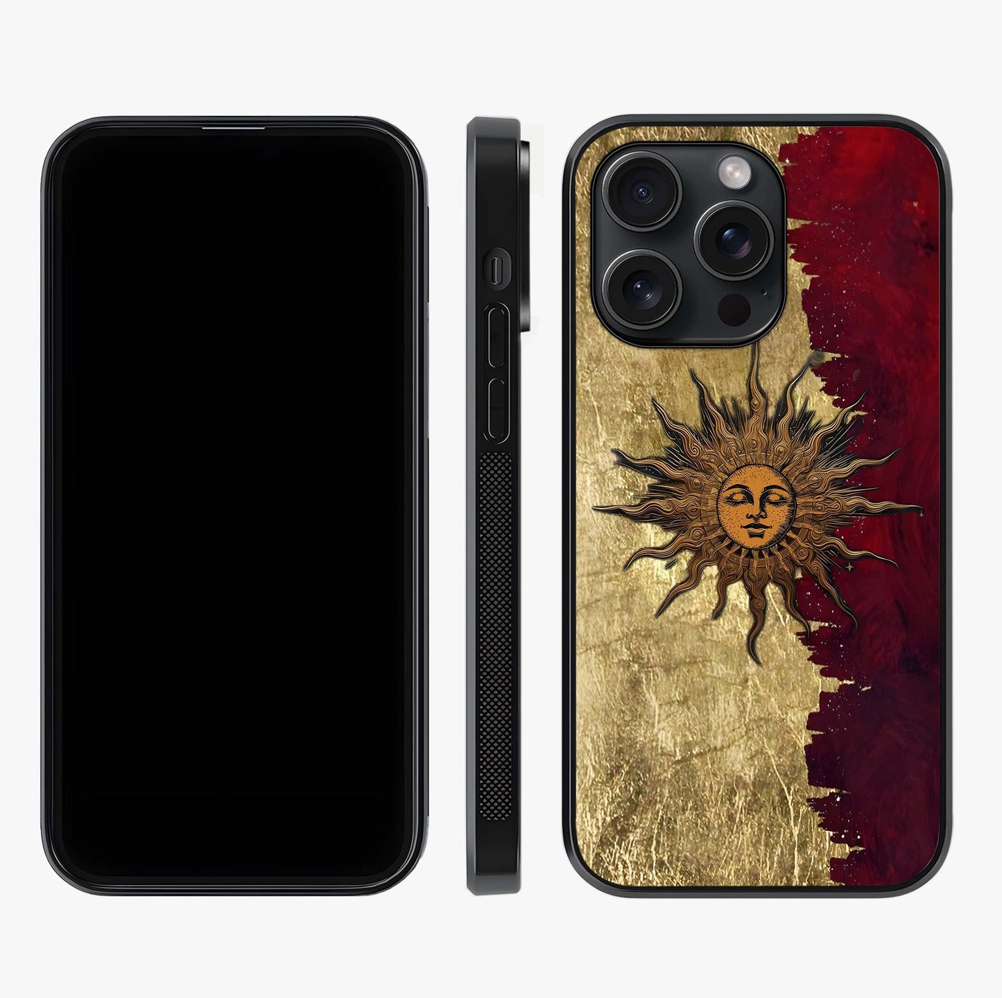 Crimson Sun Majesty Glass Case displayed upright for full design visibility and premium finish.