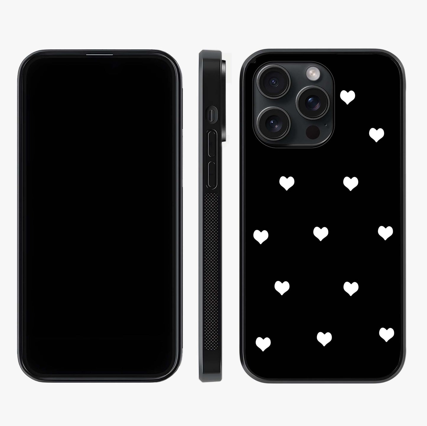 Cute And Simple White Hearts Glass Case displayed upright for full design visibility and premium finish.