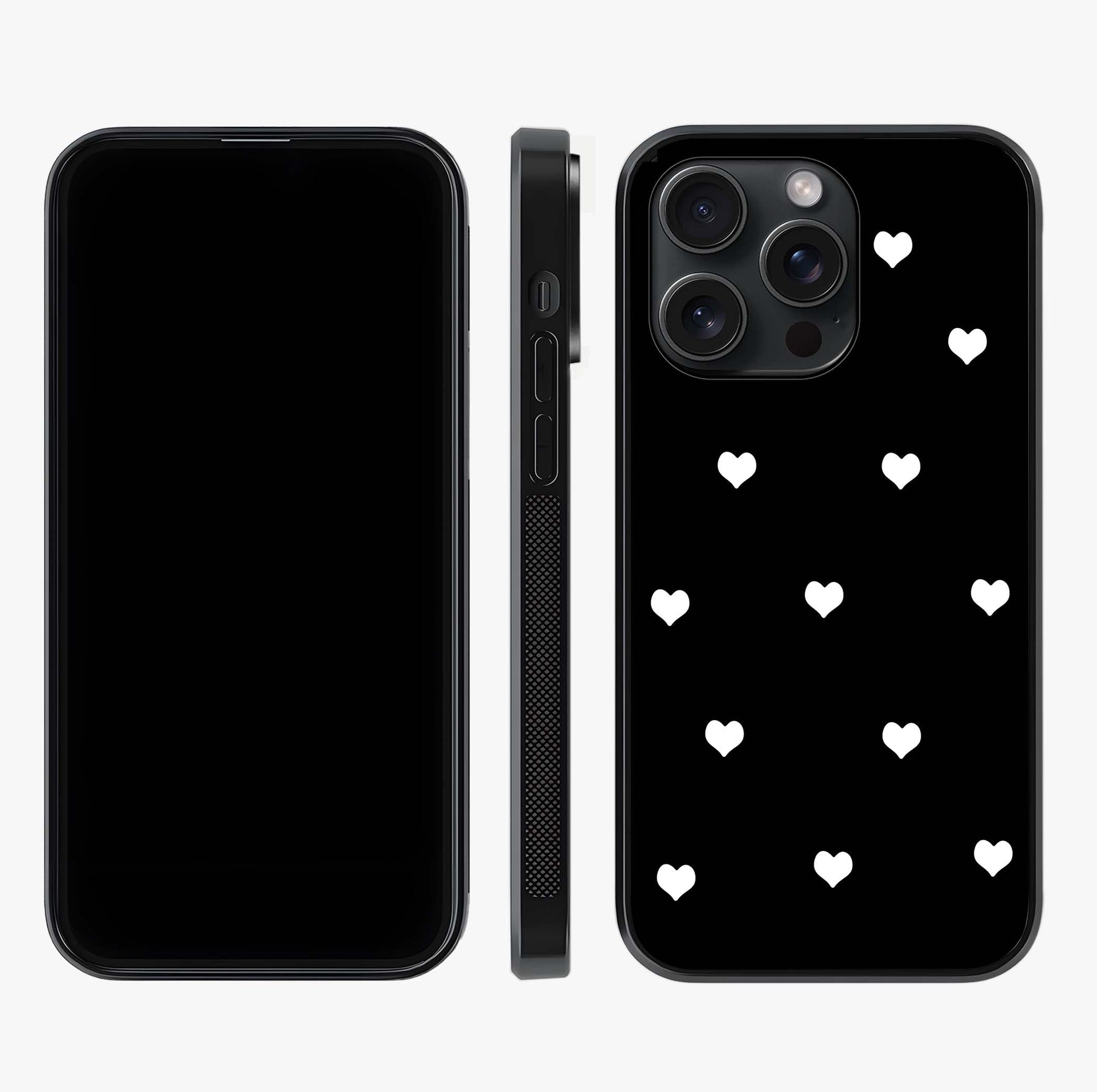 Cute And Simple White Hearts Glass Case displayed upright for full design visibility and premium finish.
