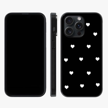 Cute And Simple White Hearts Glass Case displayed upright for full design visibility and premium finish.