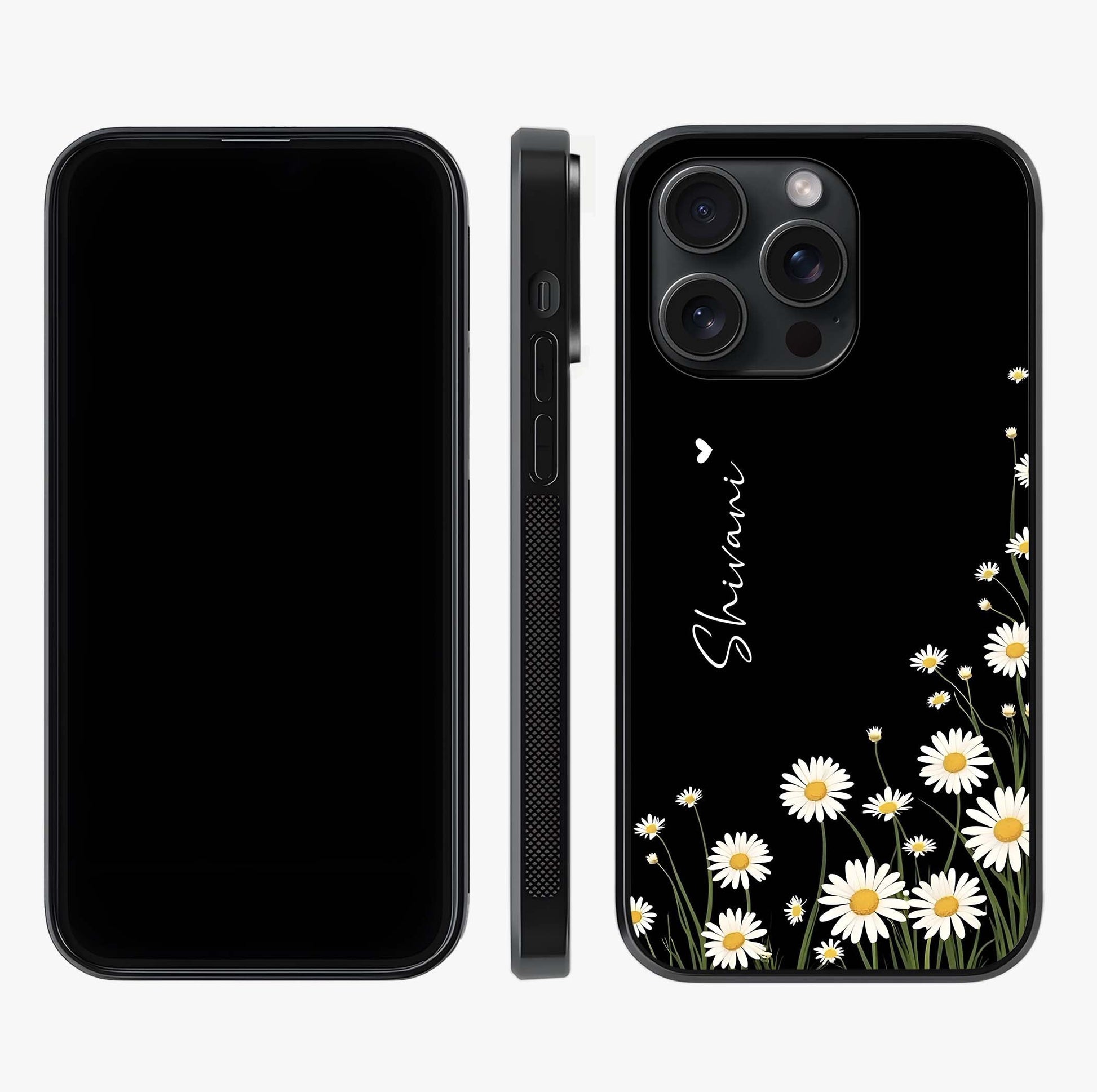 Daisy Cascade Custom Name Glass Case displayed upright for full design visibility and premium finish.