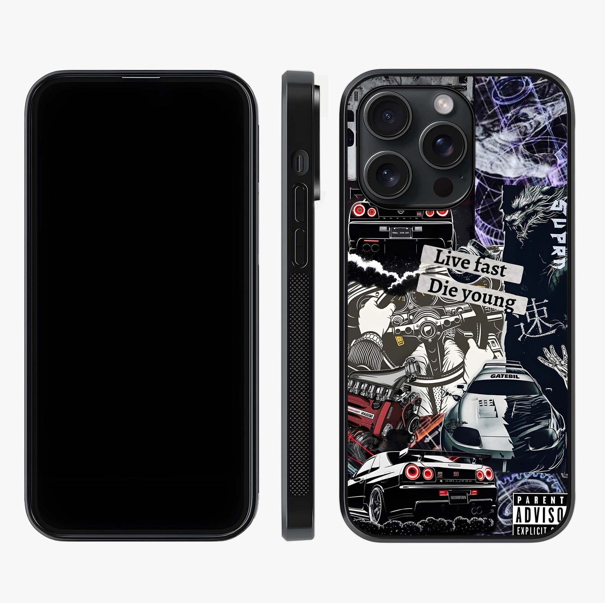 Die Young Glass Case displayed upright for full design visibility and premium finish.
