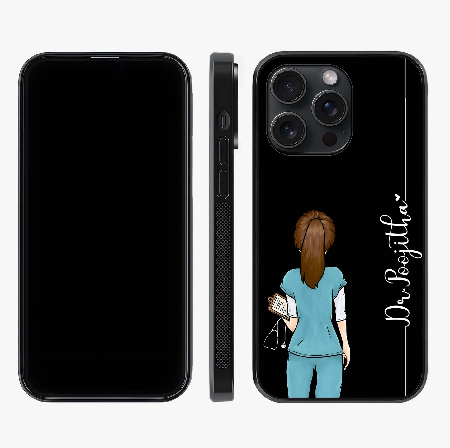 Doctor Pattern Custom Name Glass Case displayed upright for full design visibility and premium finish.