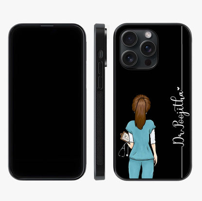 Doctor Pattern Custom Name Glass Case displayed upright for full design visibility and premium finish.