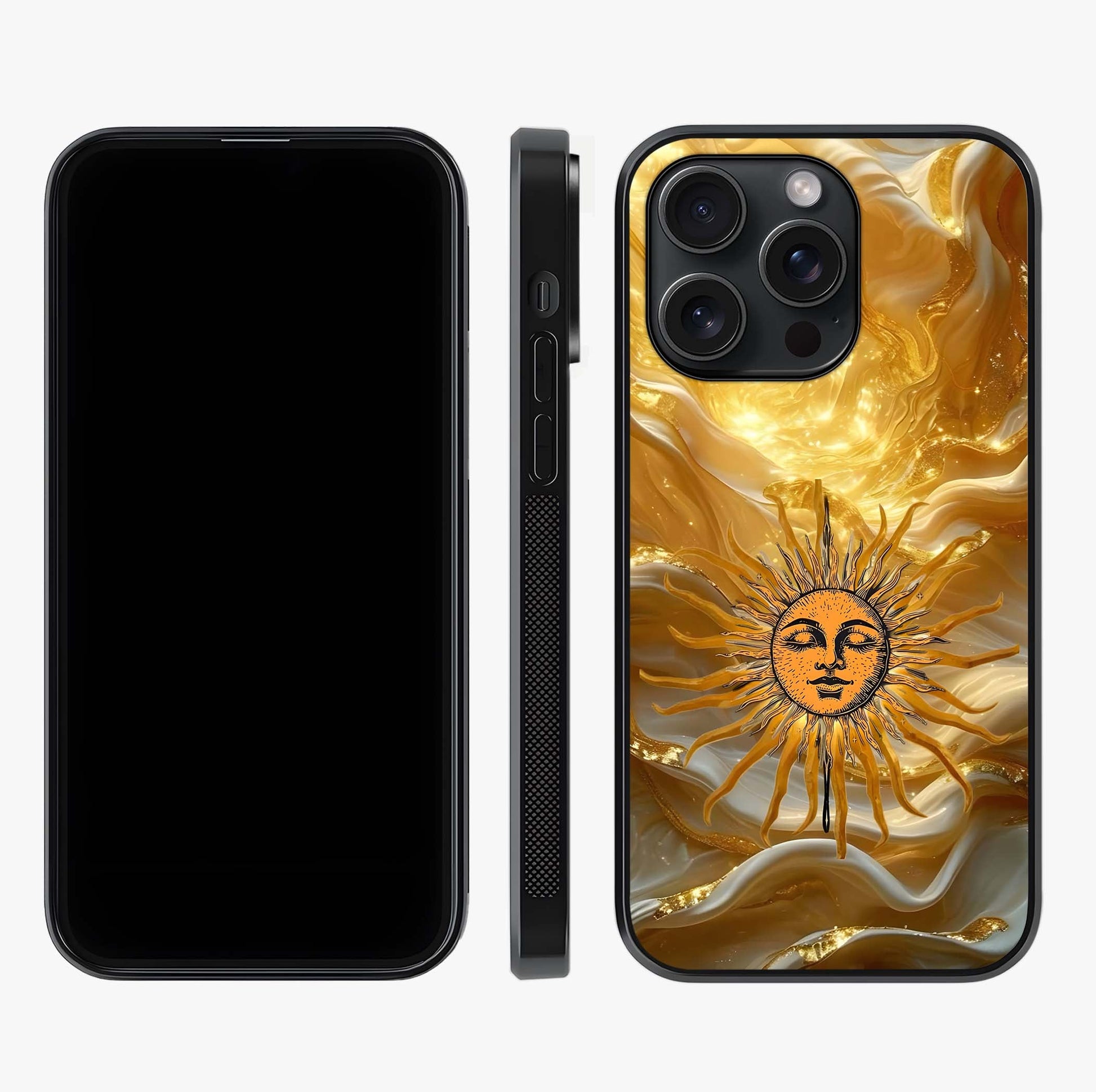 Eternal Golden Glow Glass Case displayed upright for full design visibility and premium finish.