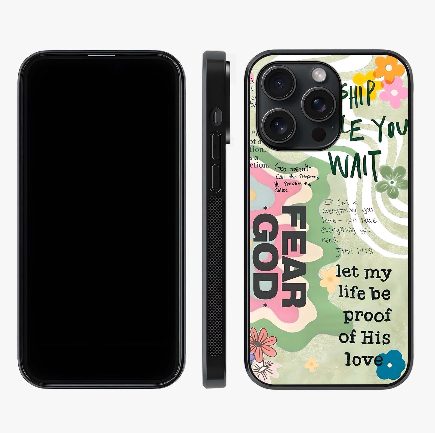 Faith Over Fear Glass Case displayed upright for full design visibility and premium finish.