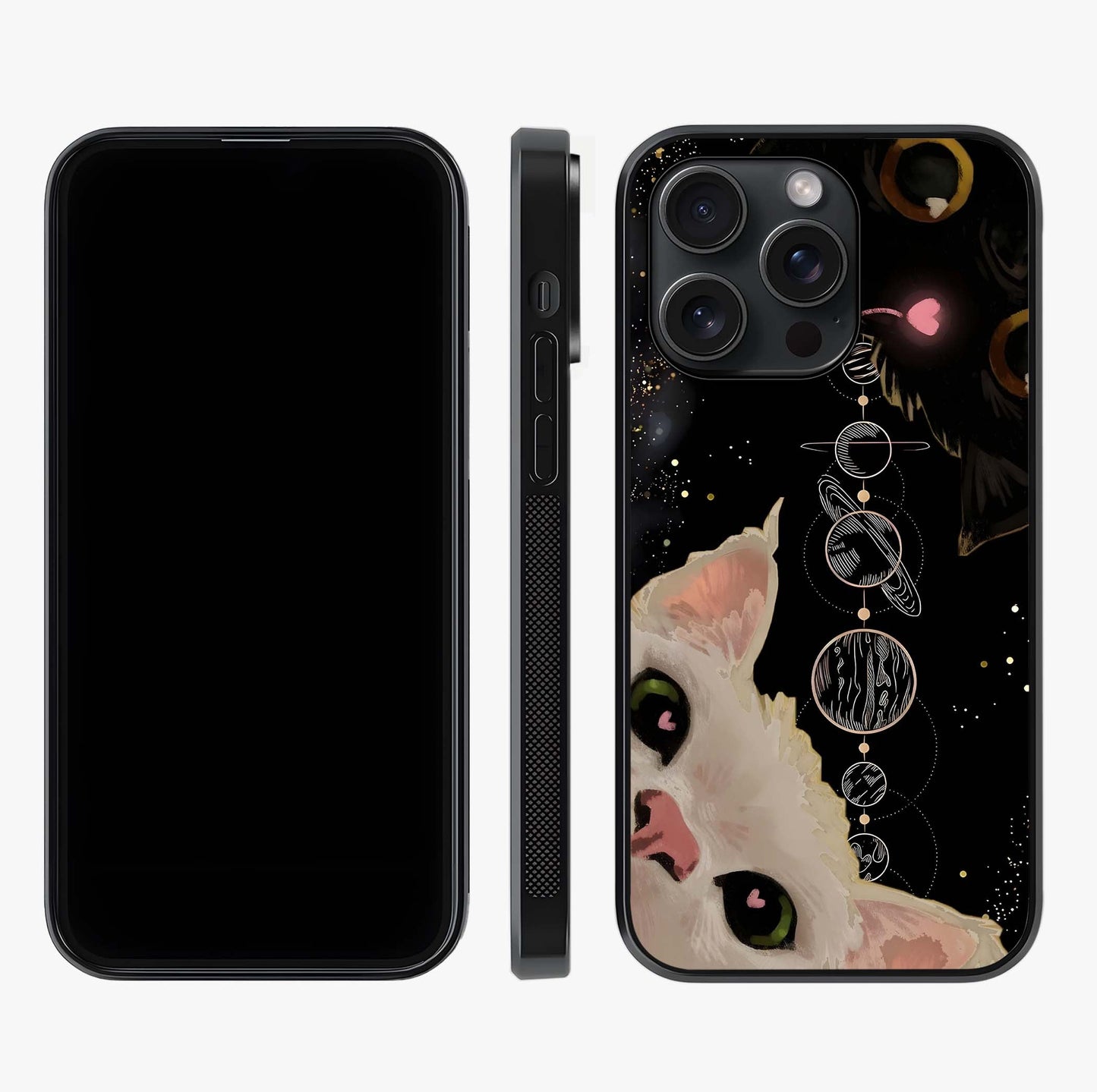 Galactic Cat Glass Case displayed upright for full design visibility and premium finish.
