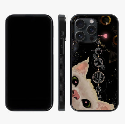 Galactic Cat Glass Case displayed upright for full design visibility and premium finish.