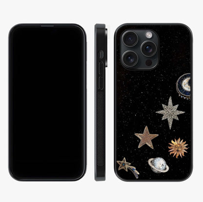 Galactic Charm Glow Glass Case displayed upright for full design visibility and premium finish.