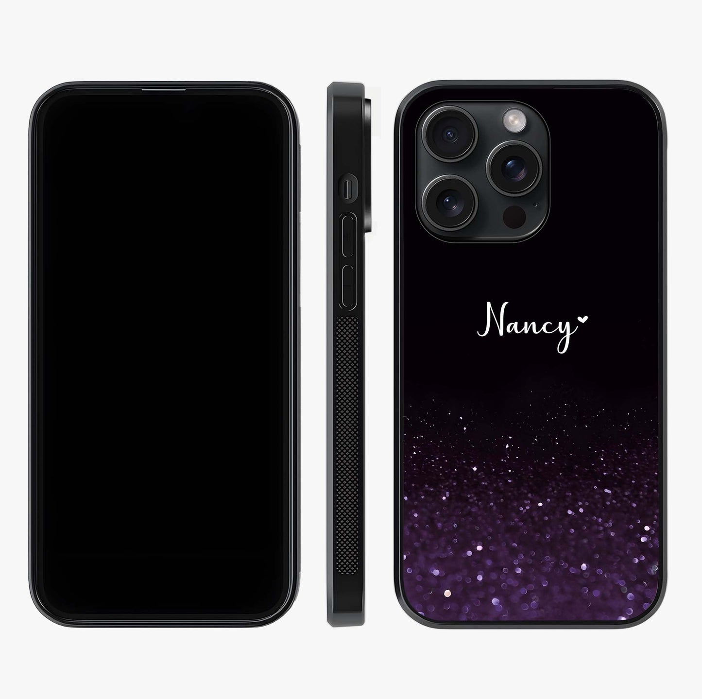 Glittery Purple Bokeh Custom Name Glass Case displayed upright for full design visibility and premium finish.