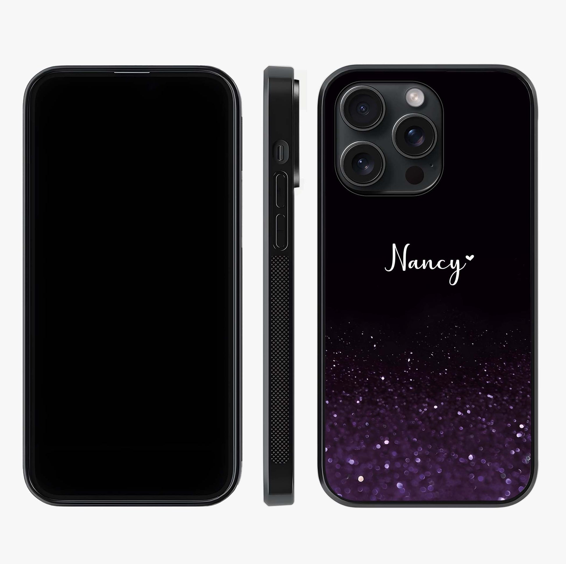 Glittery Purple Bokeh Custom Name Glass Case displayed upright for full design visibility and premium finish.