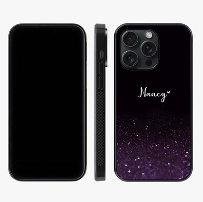 Glittery Purple Bokeh Custom Name Glass Case displayed upright for full design visibility and premium finish.