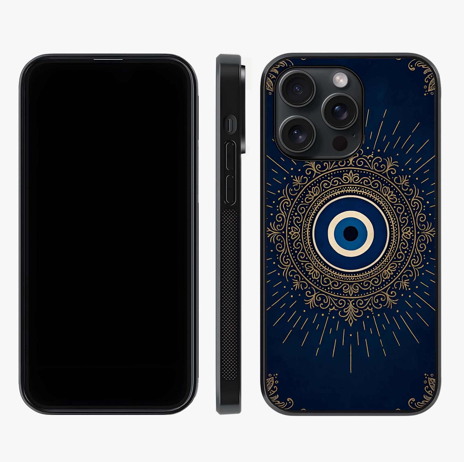 Golden Evil Eye Mandala Glass Case displayed upright for full design visibility and premium finish.