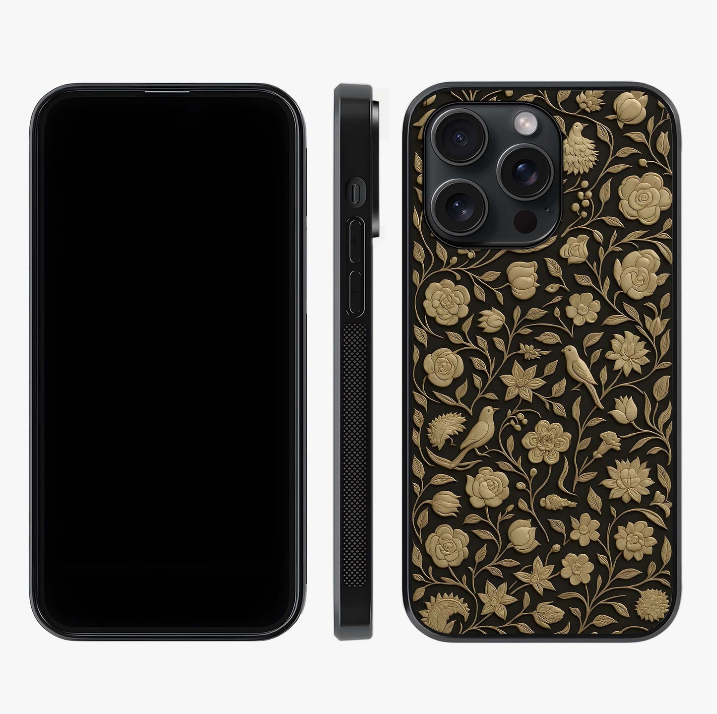 Golden Floral Majesty Glass Case displayed upright for full design visibility and premium finish.
