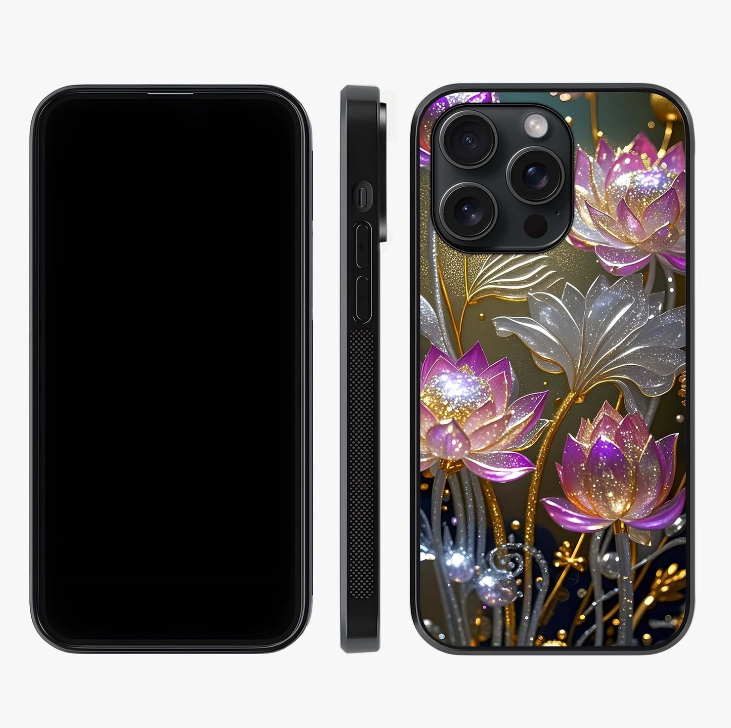 Golden Lotus Glow Glass Case displayed upright for full design visibility and premium finish.