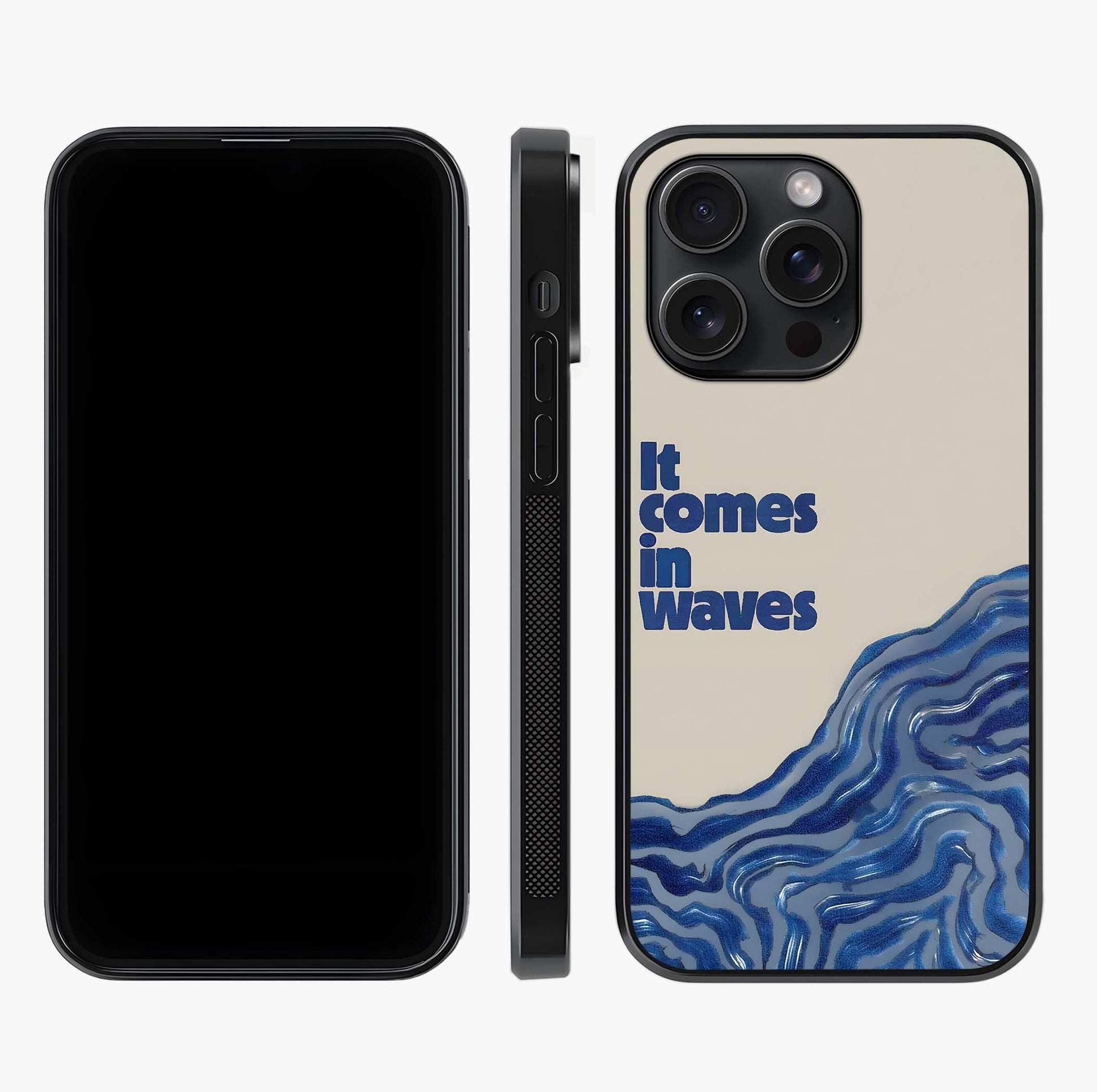 It Comes In Waves Quote Glass Case displayed upright for full design visibility and premium finish.