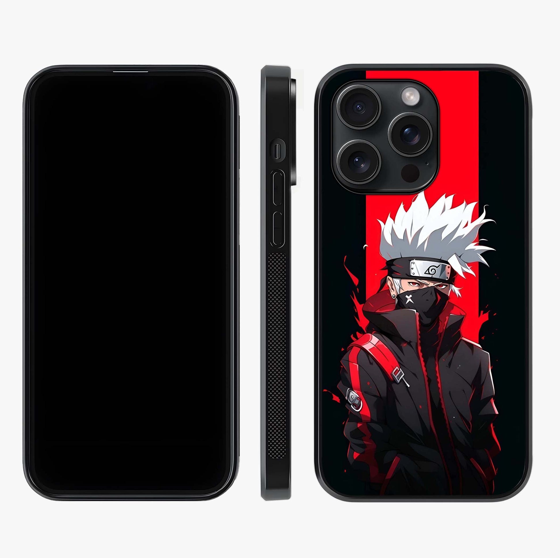 Kakashi Scarlet Shadow Glass Case displayed upright for full design visibility and premium finish.