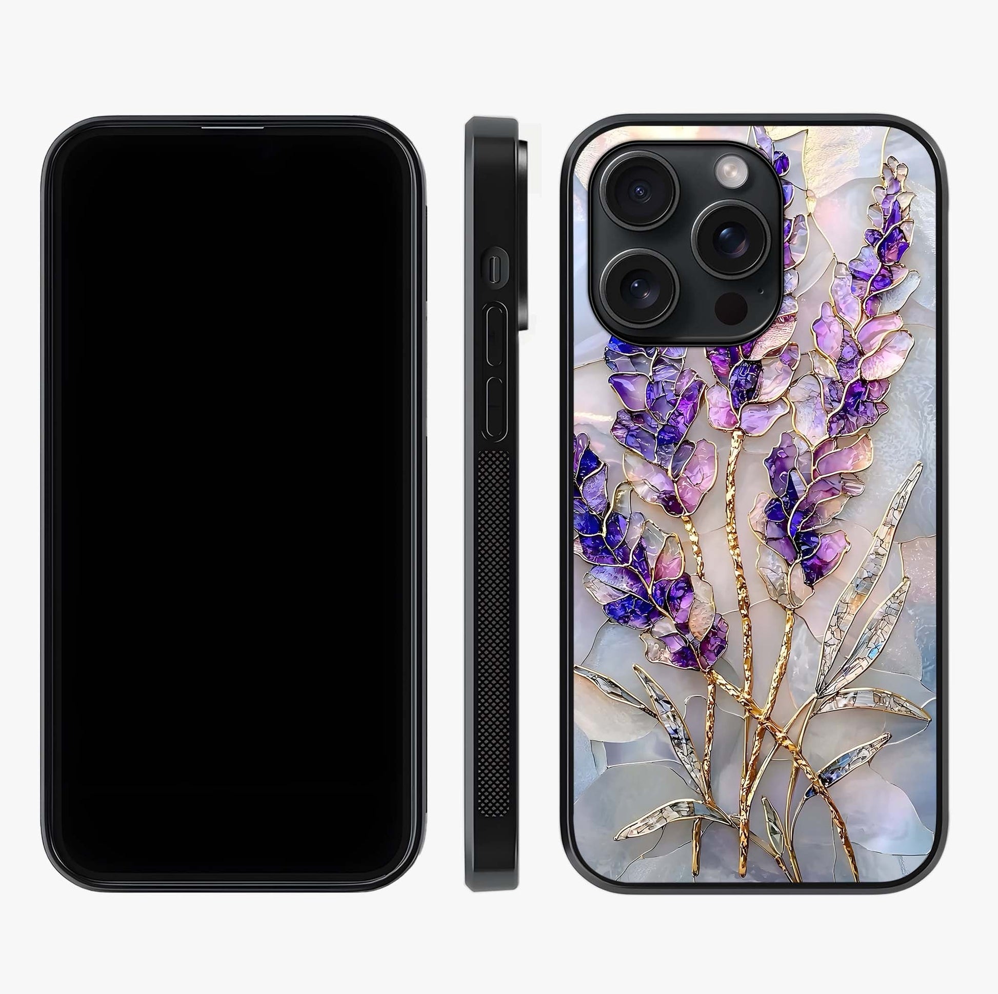 Lavender Dream Glow Glass Case displayed upright for full design visibility and premium finish.