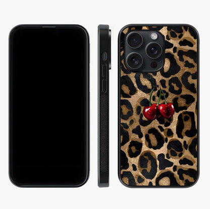 Leopard Wild Cherry Glass Case displayed upright for full design visibility and premium finish.