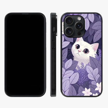 Lilac Hide Peek Cat Glass Case displayed upright for full design visibility and premium finish.