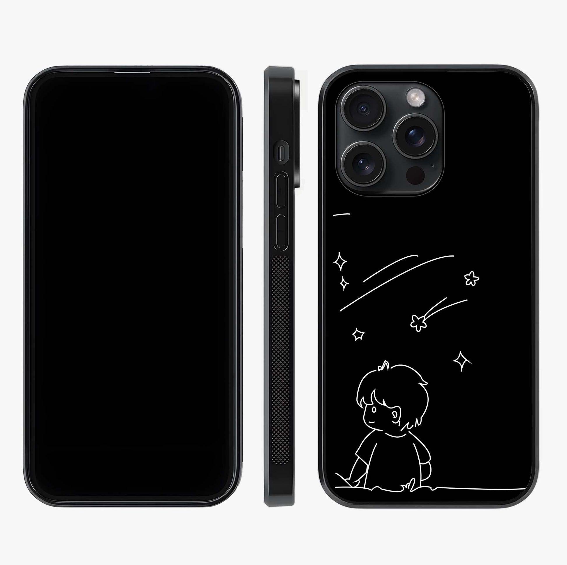Line Art Boy With Shooting Stars Glass Case displayed upright for full design visibility and premium finish.