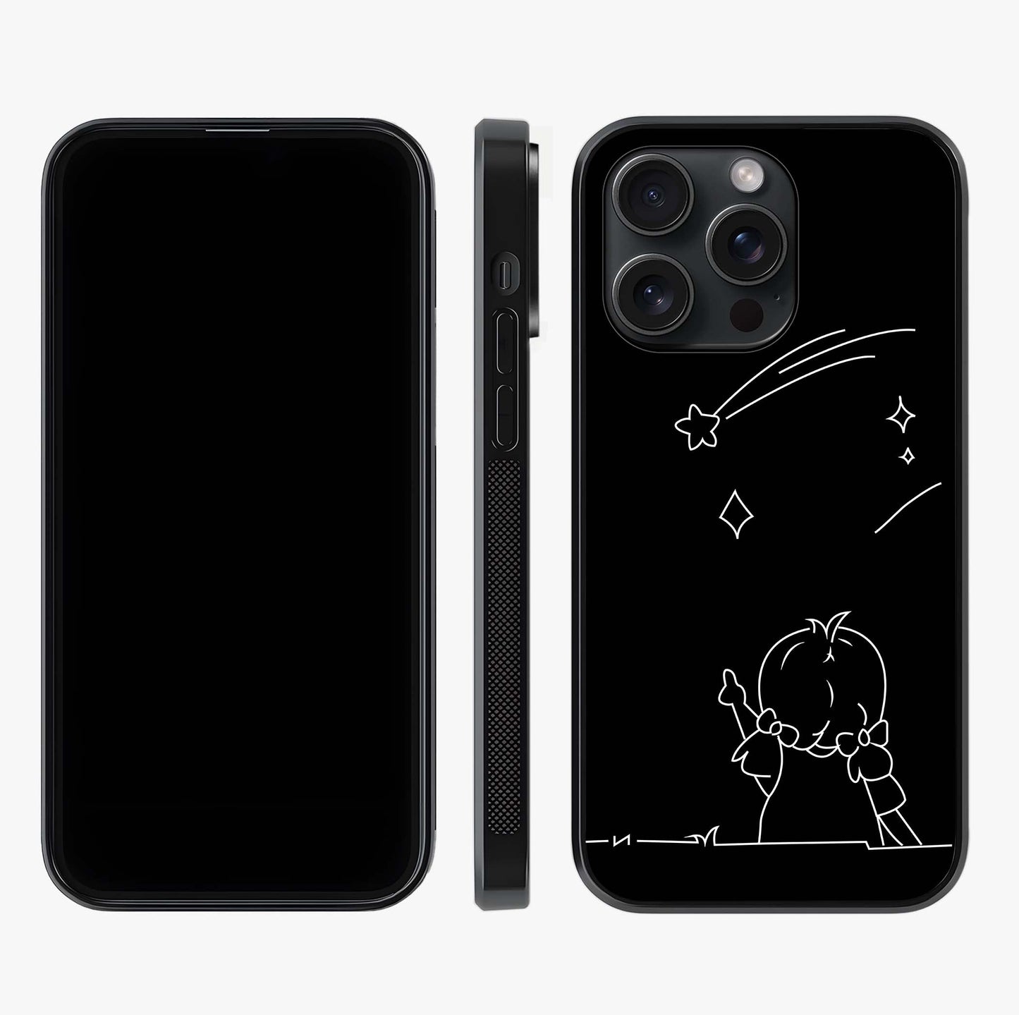 Line Art Girl With Shooting Stars Glass Case displayed upright for full design visibility and premium finish.
