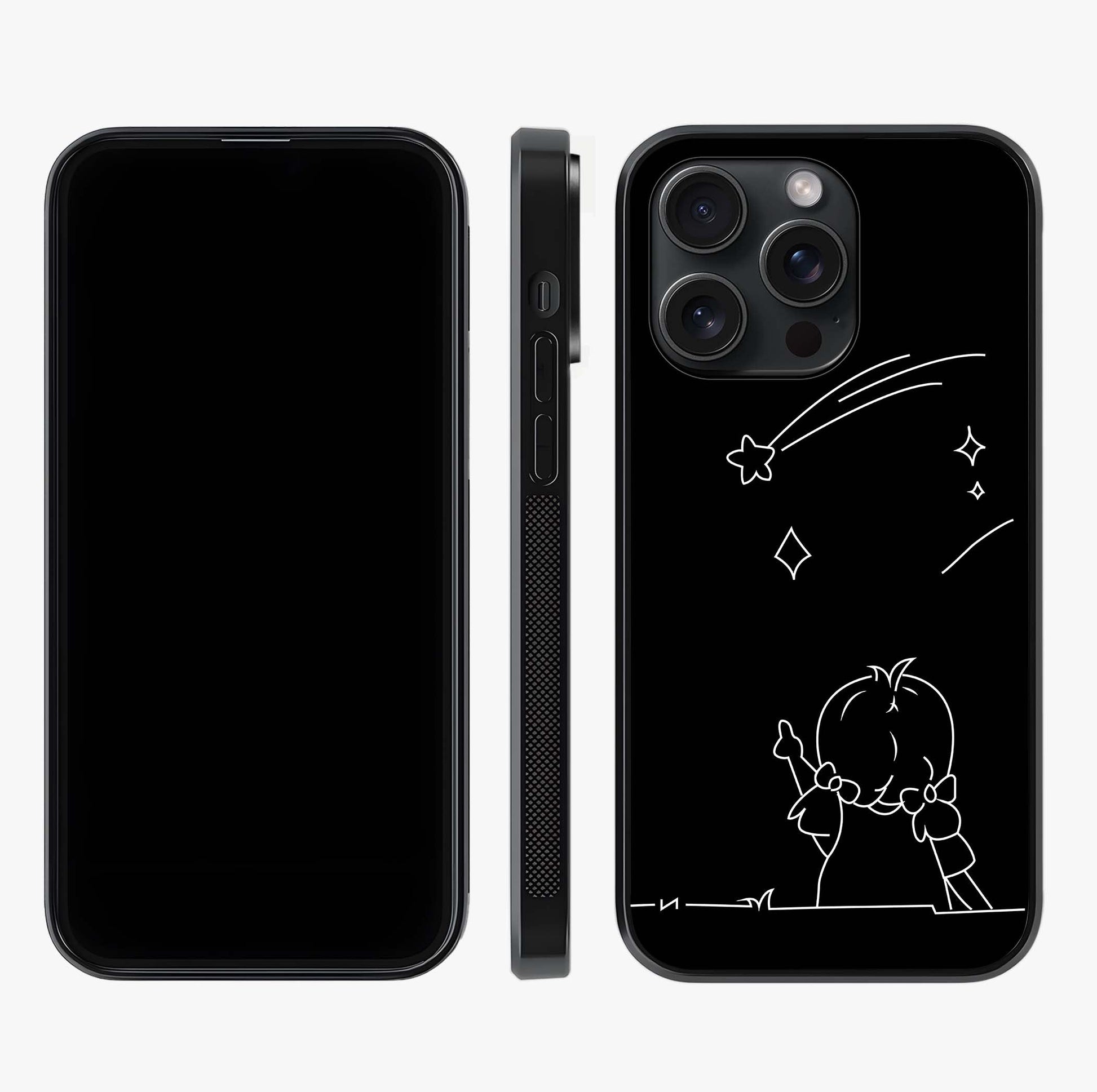 Line Art Girl With Shooting Stars Glass Case displayed upright for full design visibility and premium finish.