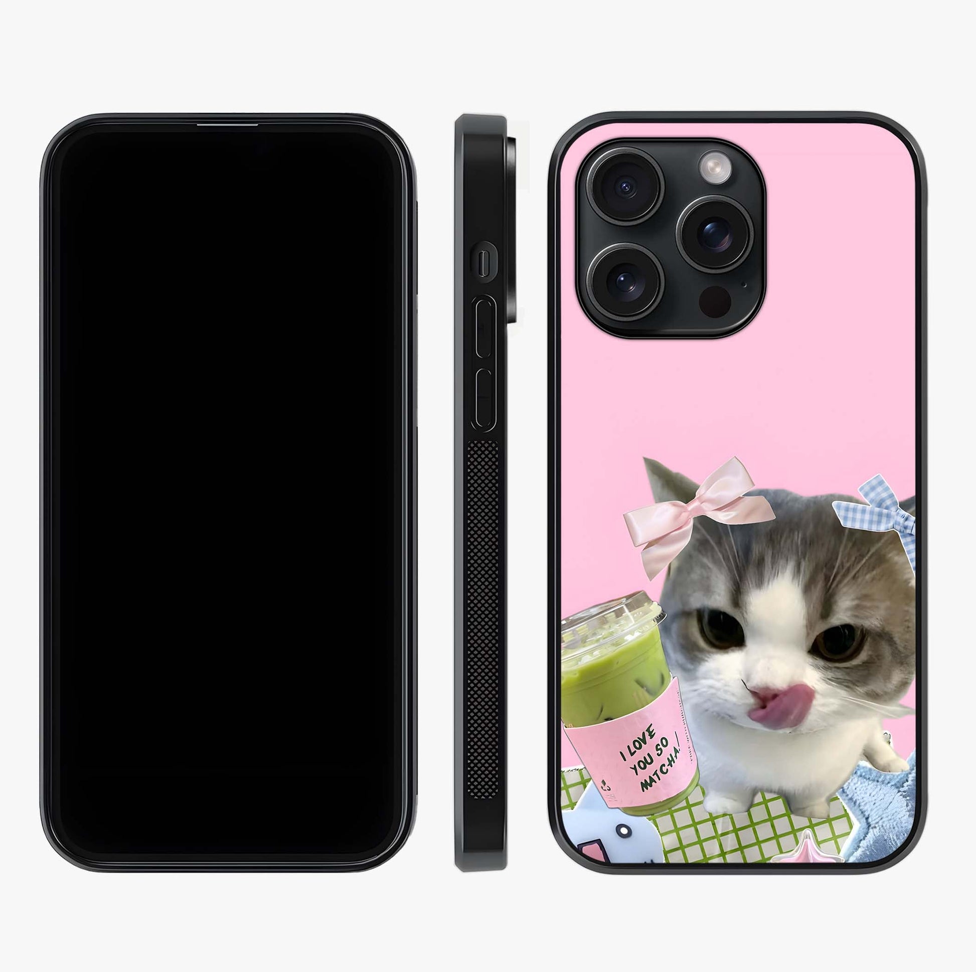 Love Matcha Cat Glass Case displayed upright for full design visibility and premium finish.