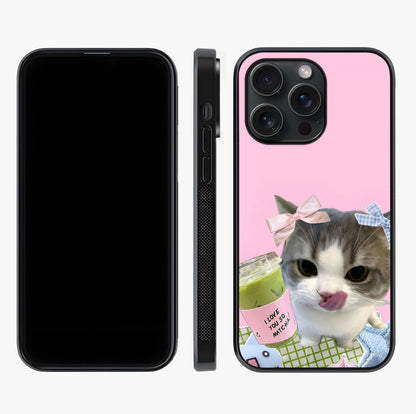 Love Matcha Cat Glass Case displayed upright for full design visibility and premium finish.