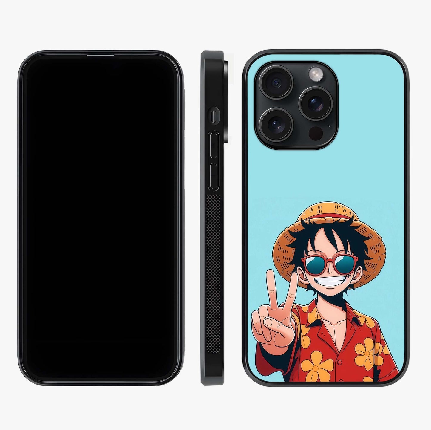 Luffy Summer Anime Vibe Glass Case displayed upright for full design visibility and premium finish.