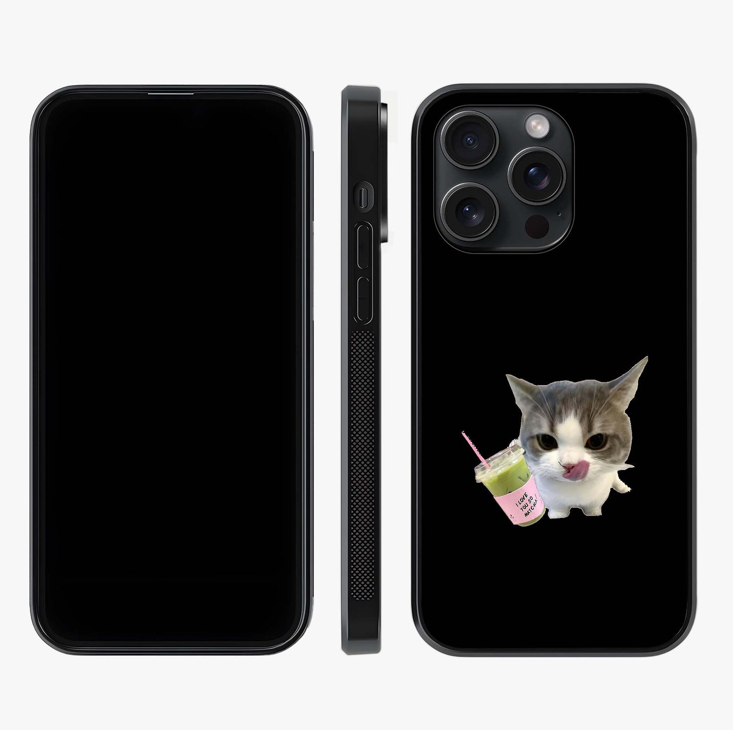 Matcha Cat Style Glass Case displayed upright for full design visibility and premium finish.
