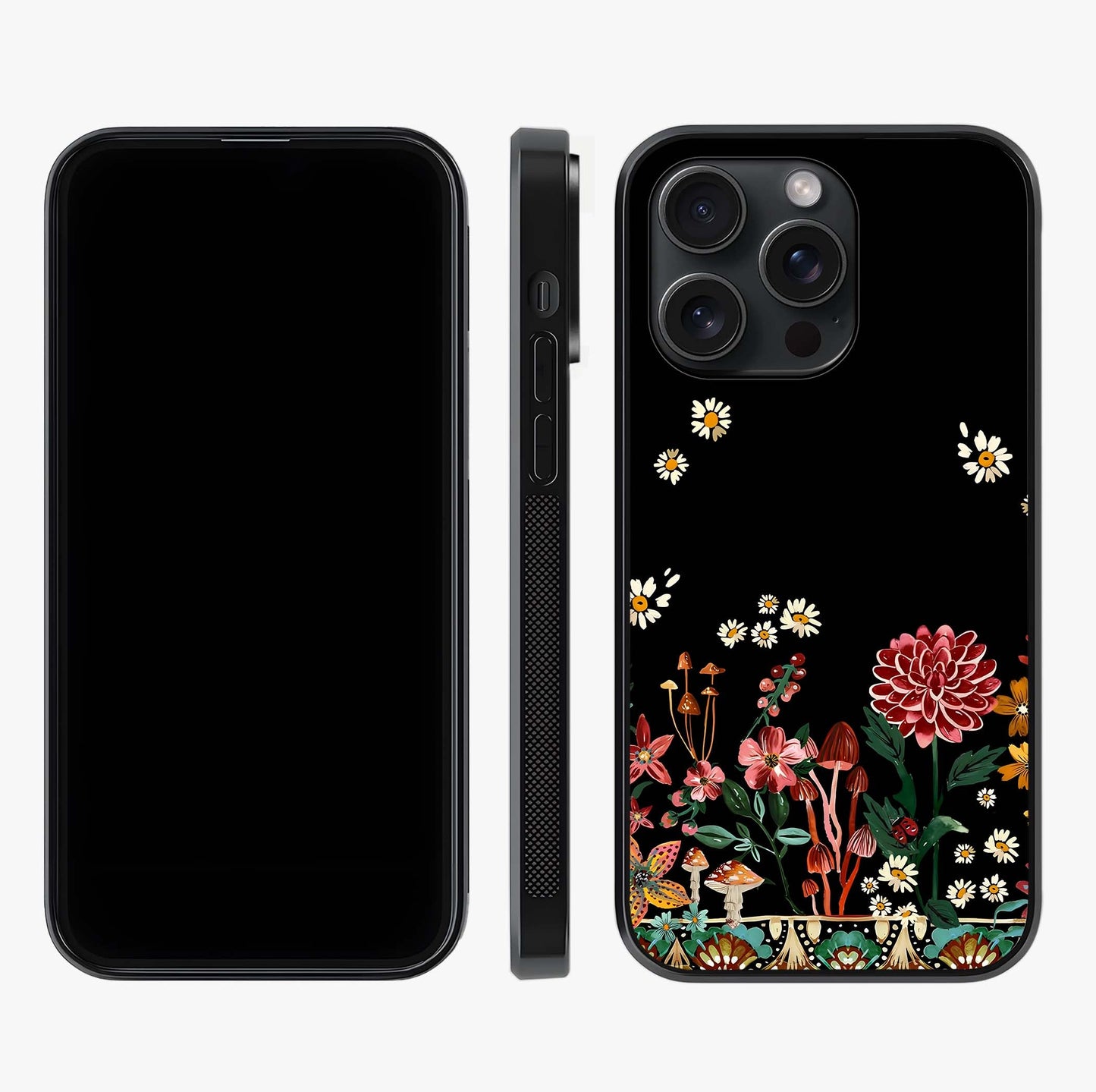 Midnight Bloom Pattern Glass Case displayed upright for full design visibility and premium finish.