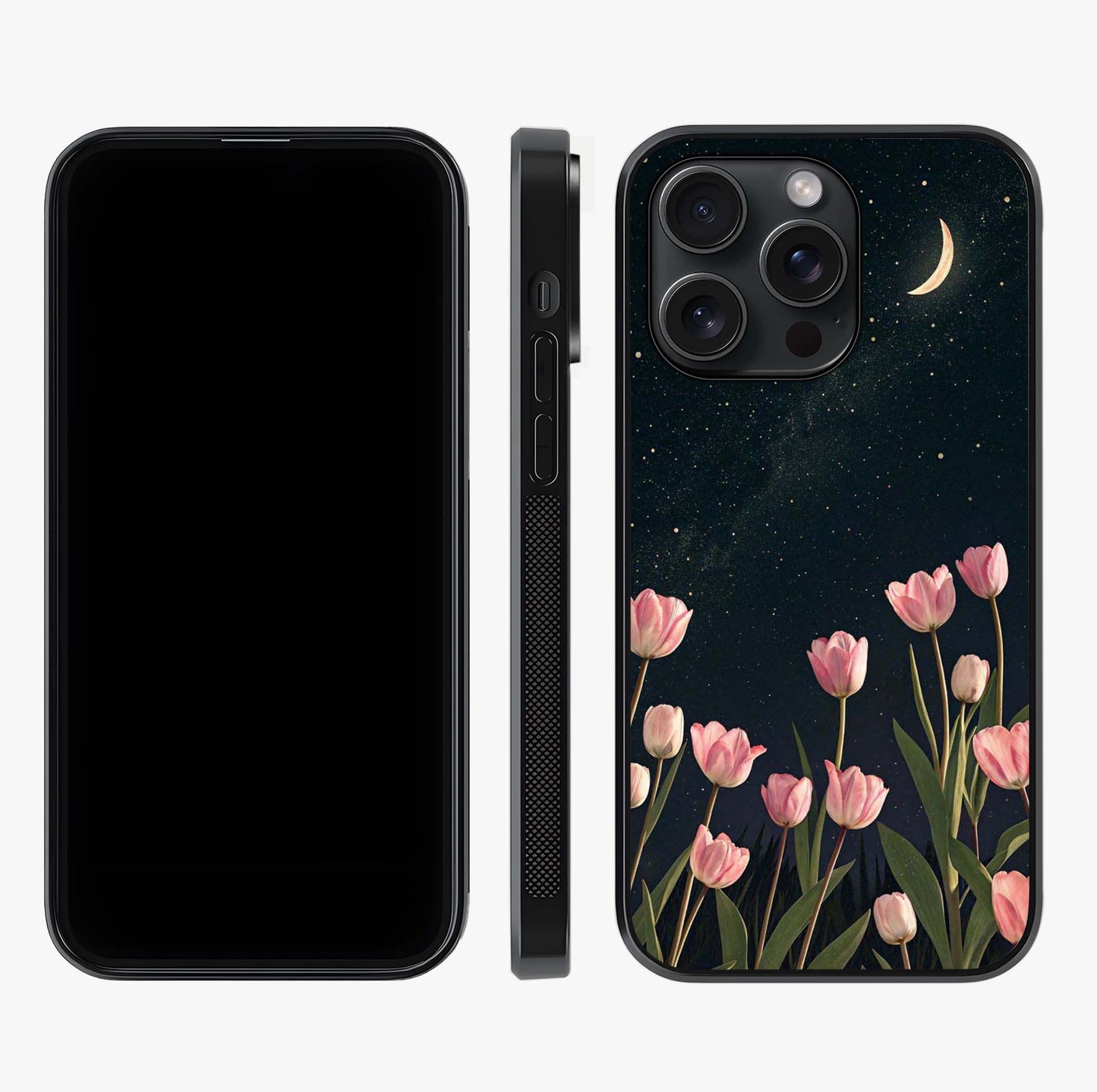 Midnight Tulip Whispers Vibe Glass Case displayed upright for full design visibility and premium finish.