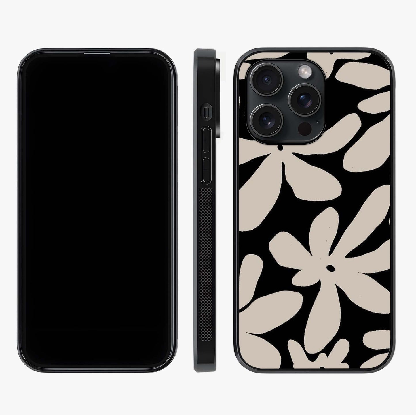 Monochrome Petal Dance Glass Case displayed upright for full design visibility and premium finish.