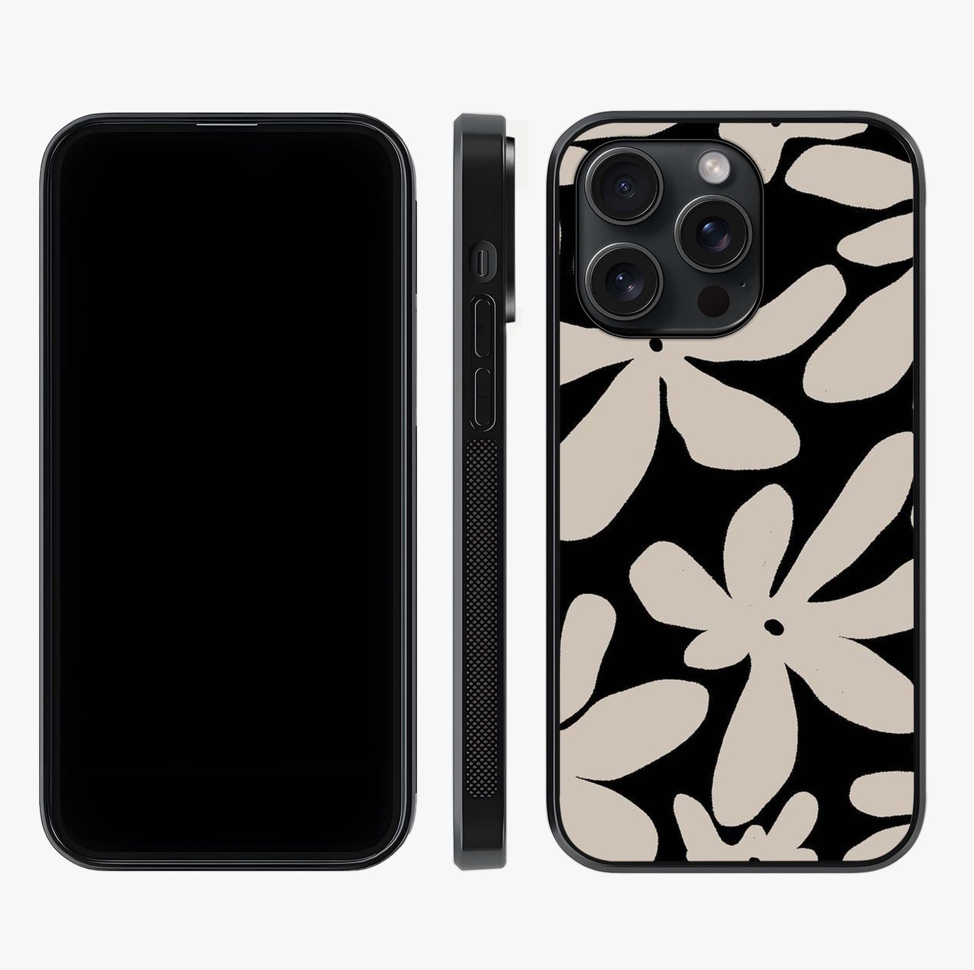 Monochrome Petal Dance Glass Case displayed upright for full design visibility and premium finish.