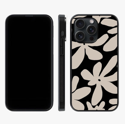 Monochrome Petal Dance Glass Case displayed upright for full design visibility and premium finish.