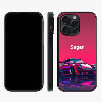 Neon Pink Porsche Glass Case displayed upright for full design visibility and premium finish.