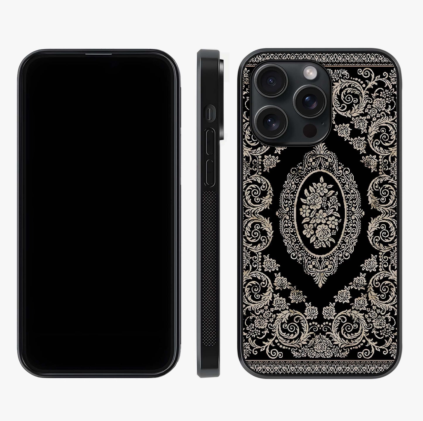 Noir Bloom Elegance Glass Case displayed upright for full design visibility and premium finish.