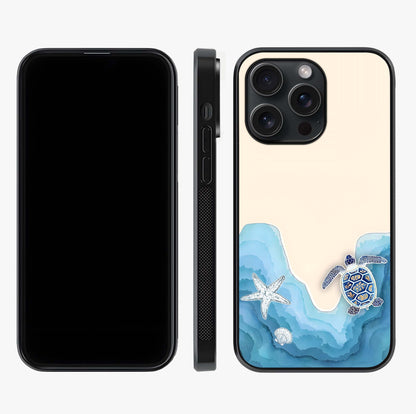 Ocean Drift Turtle Glass Case displayed upright for full design visibility and premium finish.