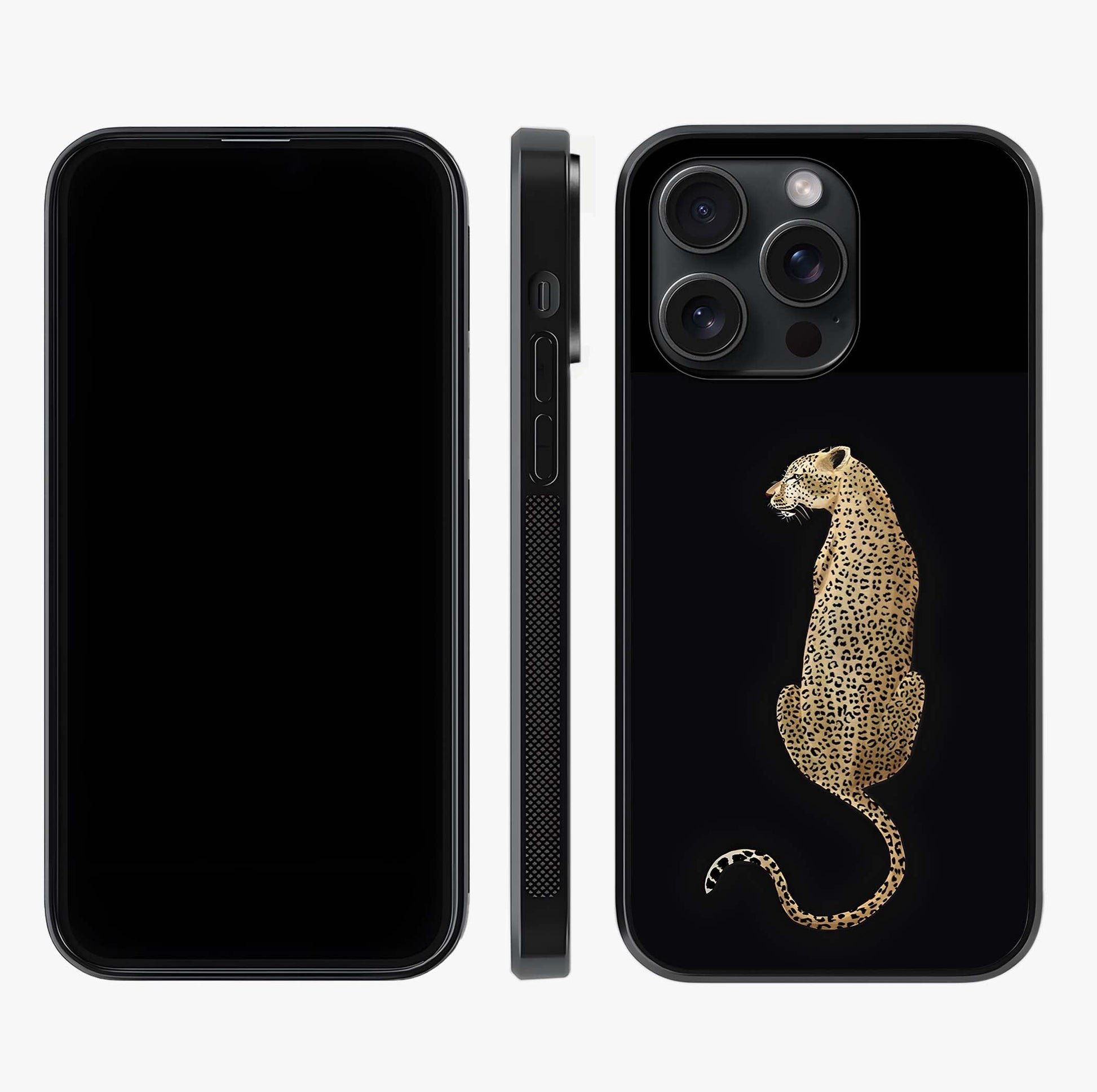 Regal Leopard Glass Case displayed upright for full design visibility and premium finish.