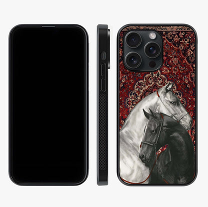Regal Stallion Tapestry Glass Case displayed upright for full design visibility and premium finish.