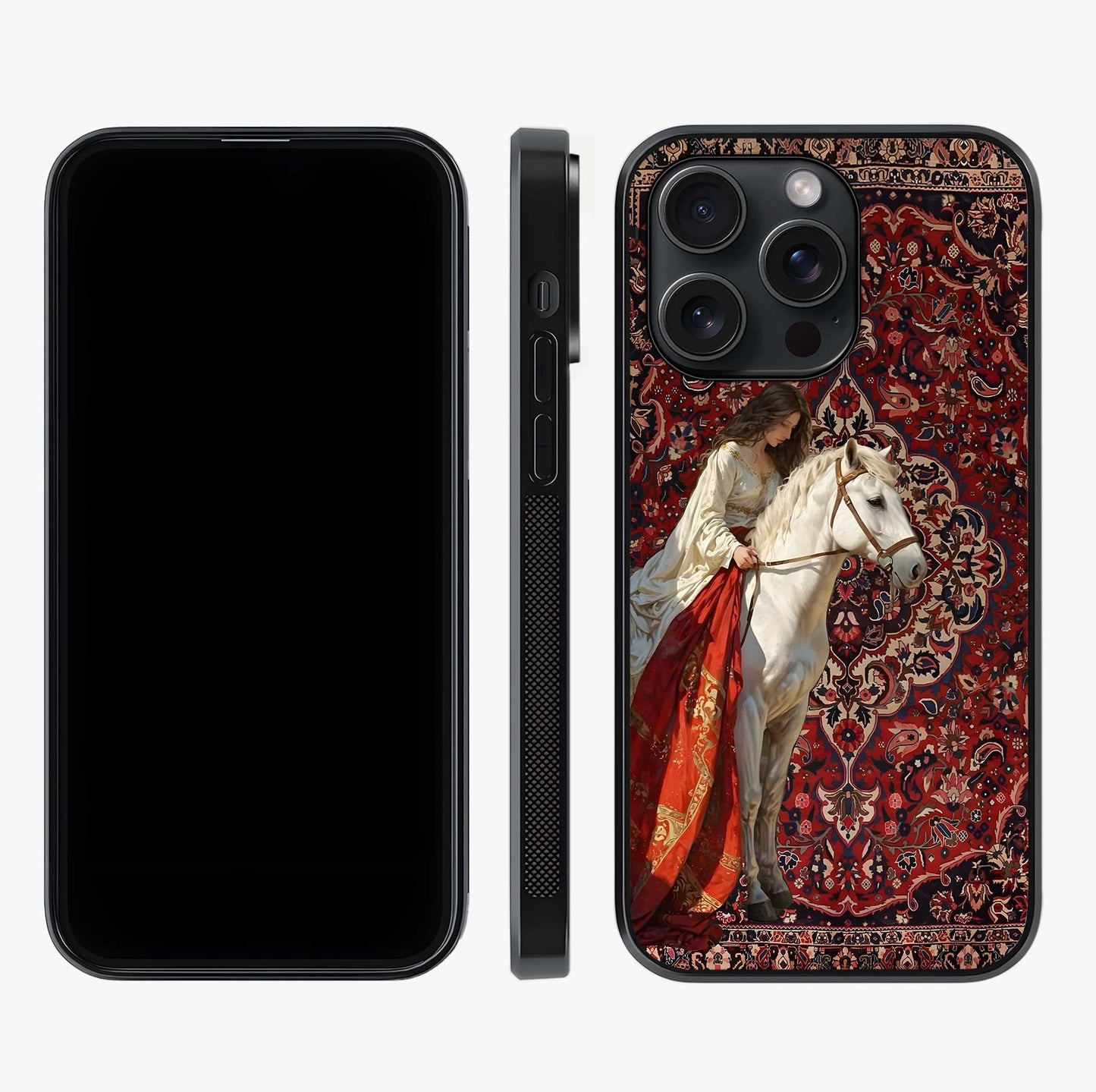 Royal Rider Tapestry Glass Case displayed upright for full design visibility and premium finish.