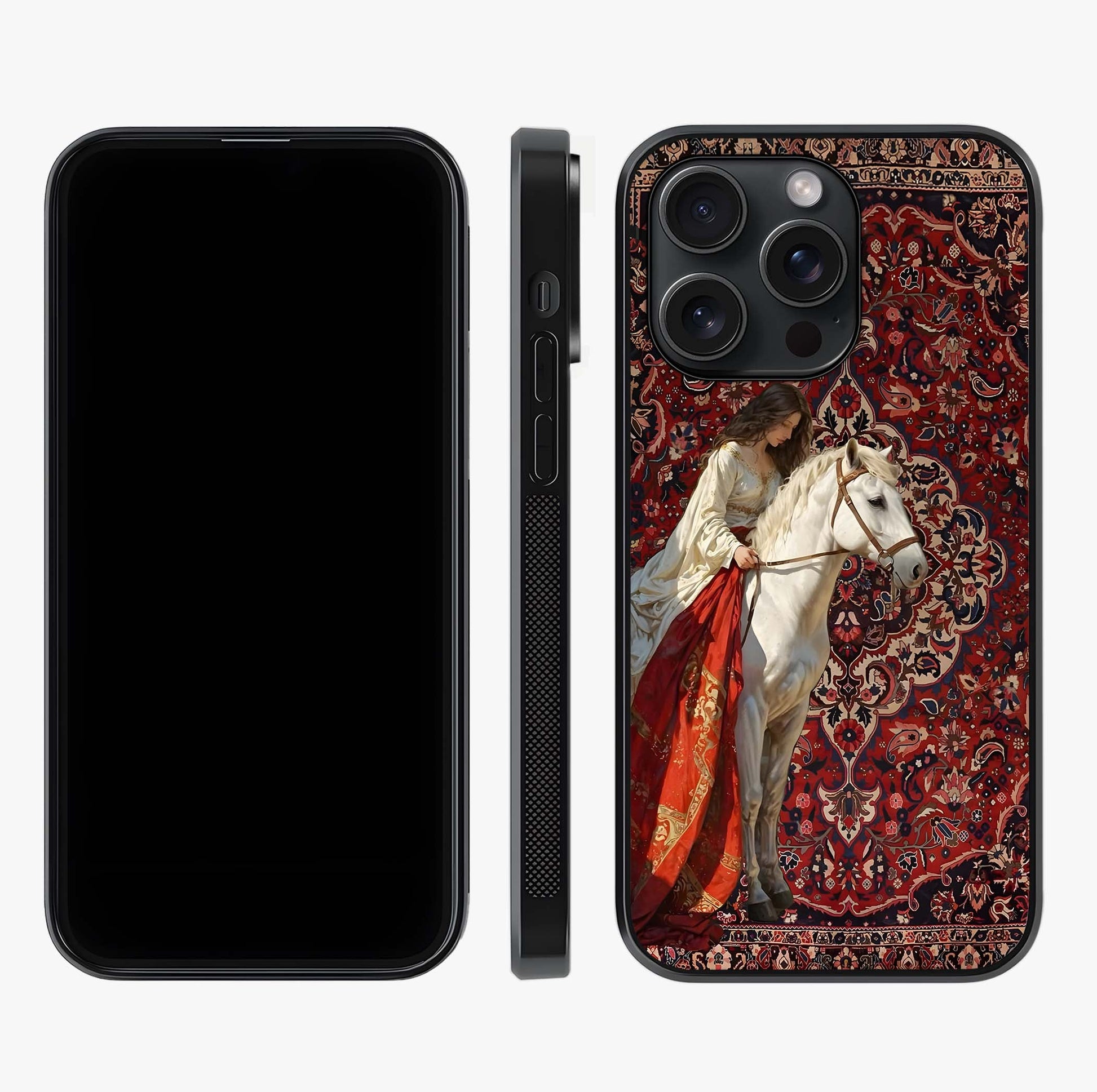 Royal Rider Tapestry Glass Case displayed upright for full design visibility and premium finish.