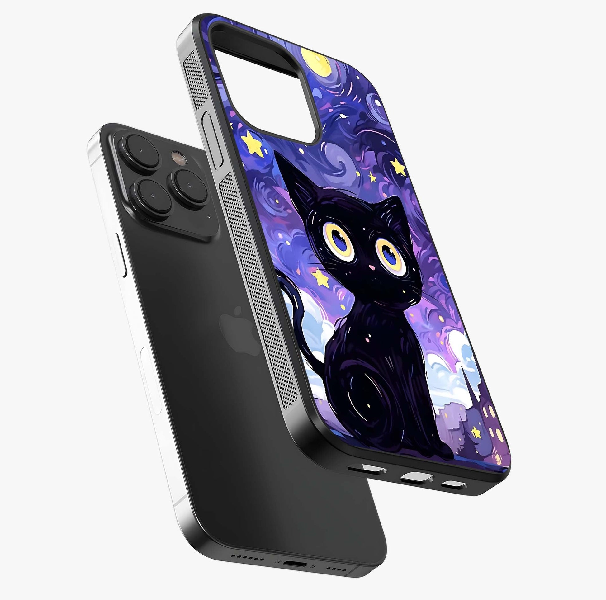 Abstract Cat Art Glass Case photographed in natural light showing reflective finish and design depth.